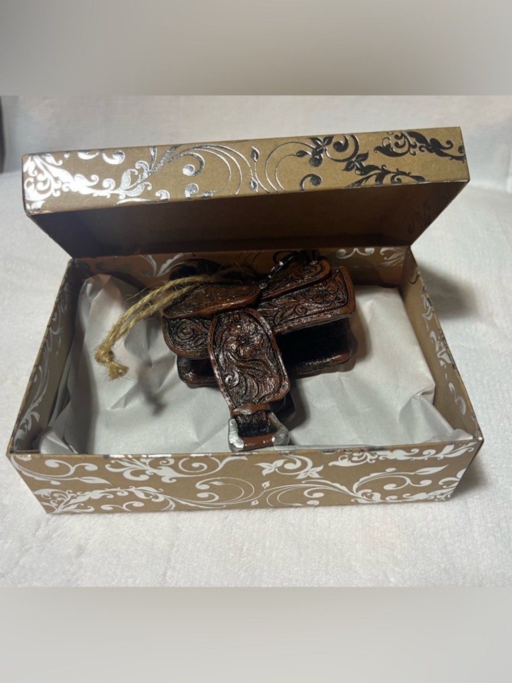 Vintage Western Saddle Miniature Figurine – Brown Tooled Design – Rustic Decor